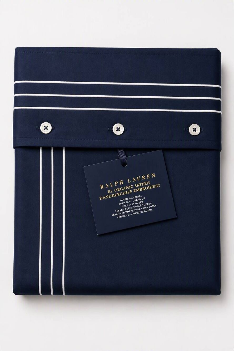 NWT Ralph Lauren Organic Sateen Handkerchief Embroidered Mavy Stripped Queen Fla